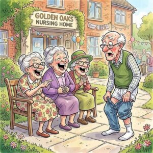 Three mischievous old grannies were sitting on a bench outside